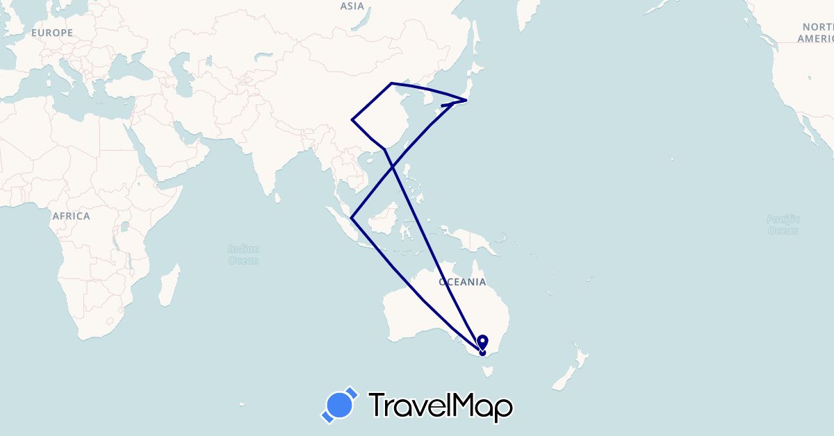 TravelMap itinerary: driving in Australia, China, Hong Kong, Japan, Singapore (Asia, Oceania)